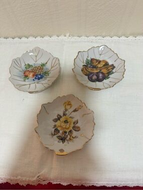 Set of 3 Decorative Porcelain Trinket Dishes - Floral & Fruit Motifs, Gold Trim